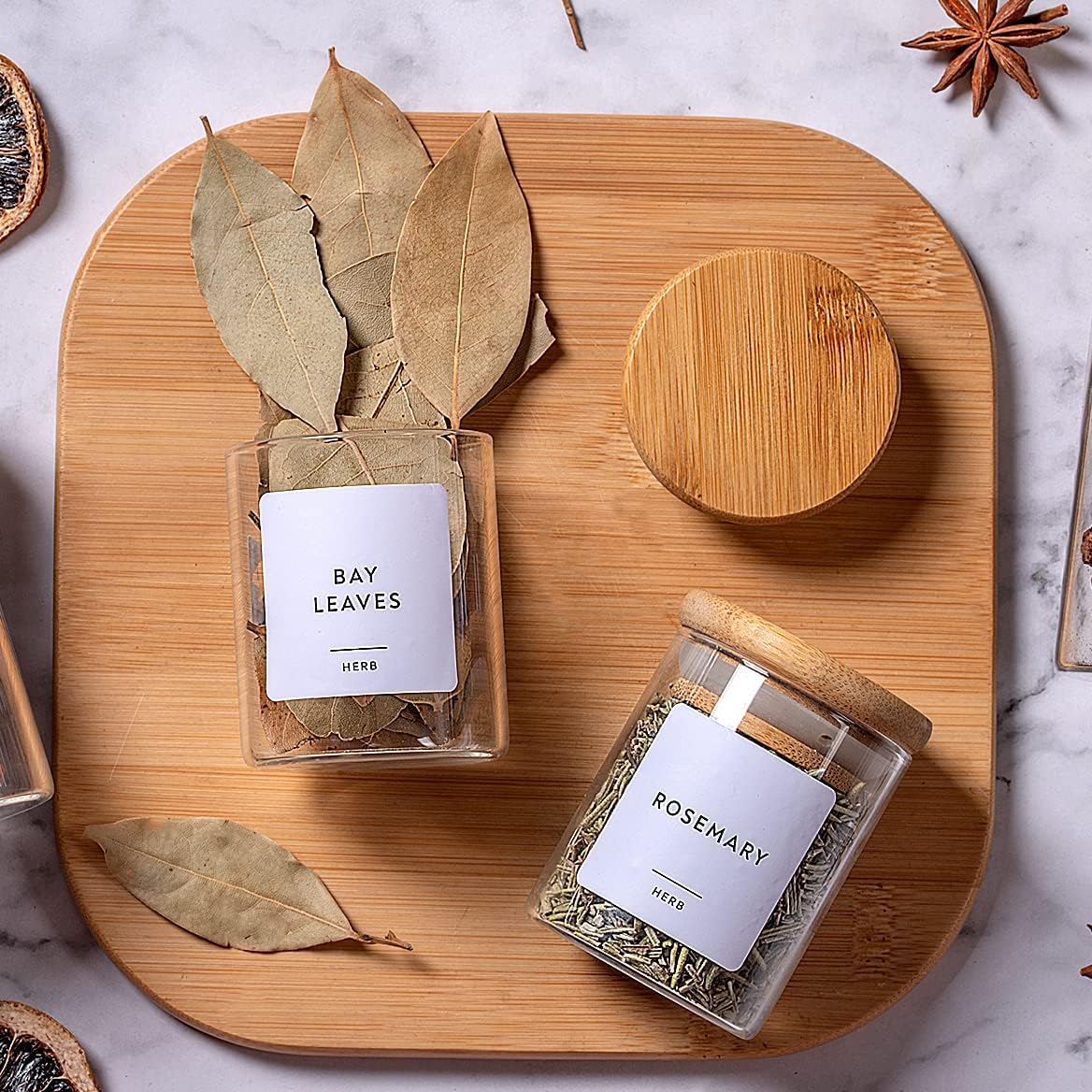 Set de Bocaux 200 ML à Épices en Verre & Bambou + Étiquettes Offertes