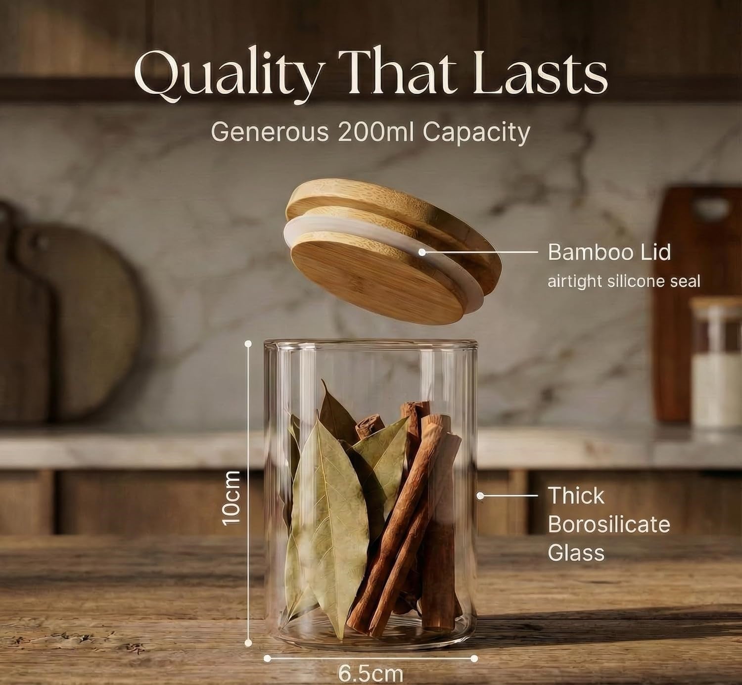 Set de Bocaux 200 ML à Épices en Verre & Bambou + Étiquettes Offertes